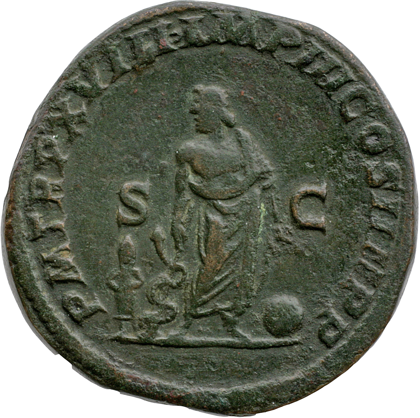 RIC IV Caracalla 538A Caracalla reverse, Asclepius, nude to waist, standing front, head left, holding serpent-wreathed wan...