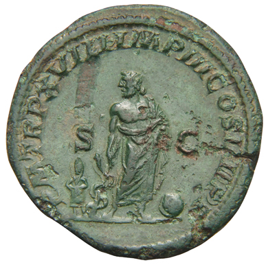 RIC IV Caracalla 538B Caracalla reverse, Asclepius, nude to waist, standing front, head left, holding serpent-wreathed wan...