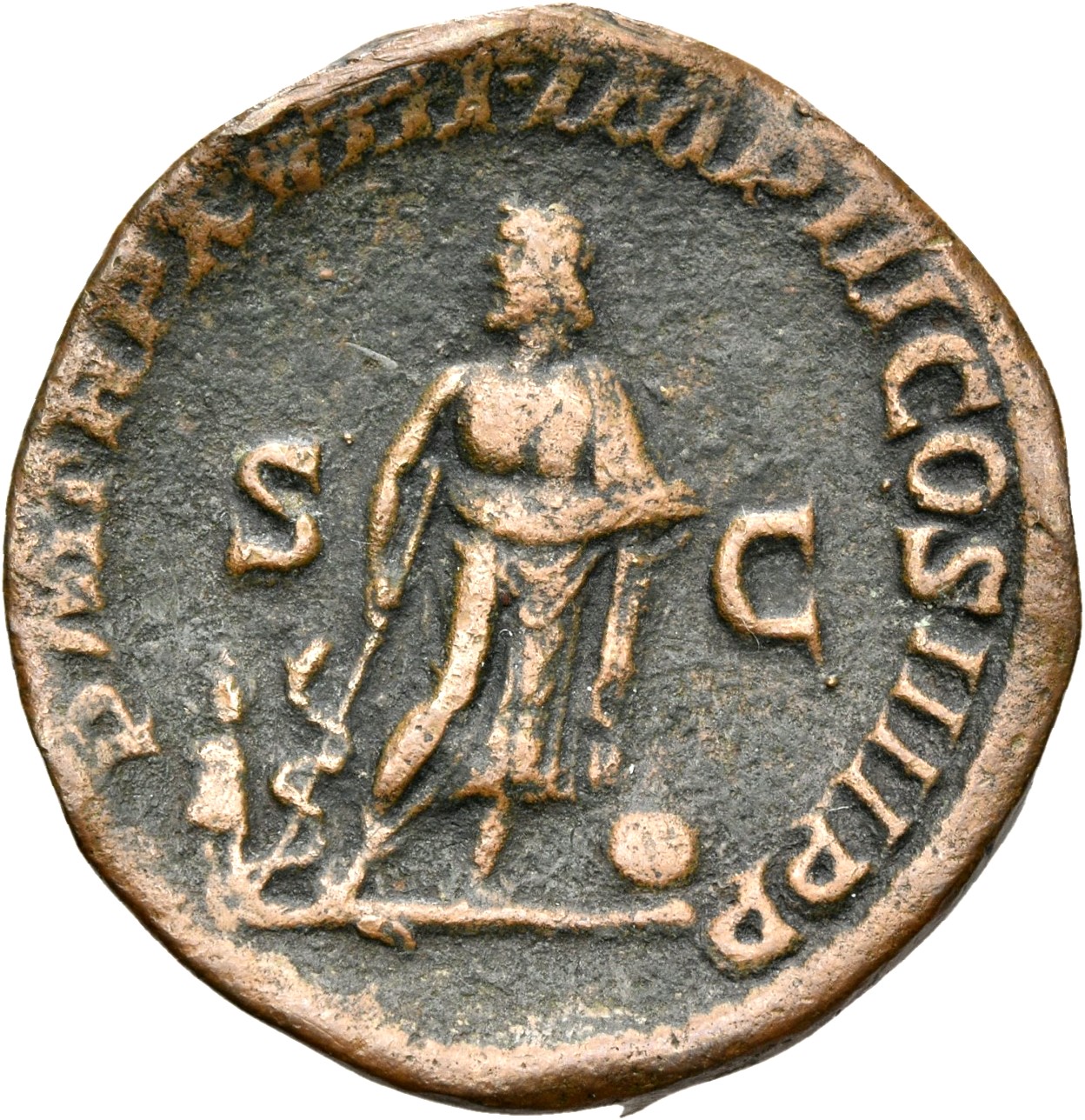 RIC IV Caracalla 538B Caracalla reverse, Asclepius, nude to waist, standing front, head left, holding serpent-wreathed wan...
