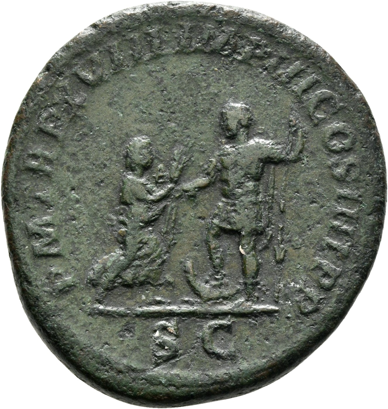 RIC IV Caracalla 544 Caracalla reverse, Caracalla, in military attire, standing left, resting left foot on crocodile, hold...