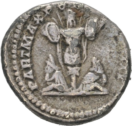 RIC IV Caracalla 54B Caracalla reverse, Two captives, seated back to back, mourning, left and right of central trophy
