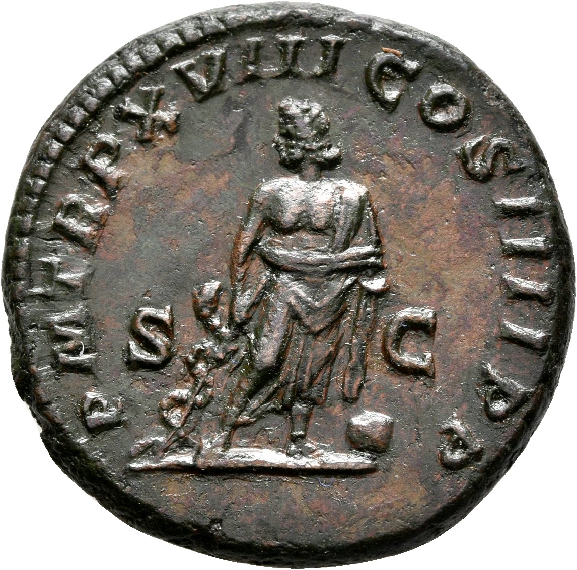 RIC IV Caracalla 553C Caracalla reverse, Asclepius, nude to waist, standing front, head left, holding serpent-wreathed wan...