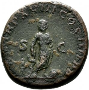RIC IV Caracalla 554a Caracalla reverse, Asclepius, nude to waist, standing front, head left, holding serpent-wreathed wan...