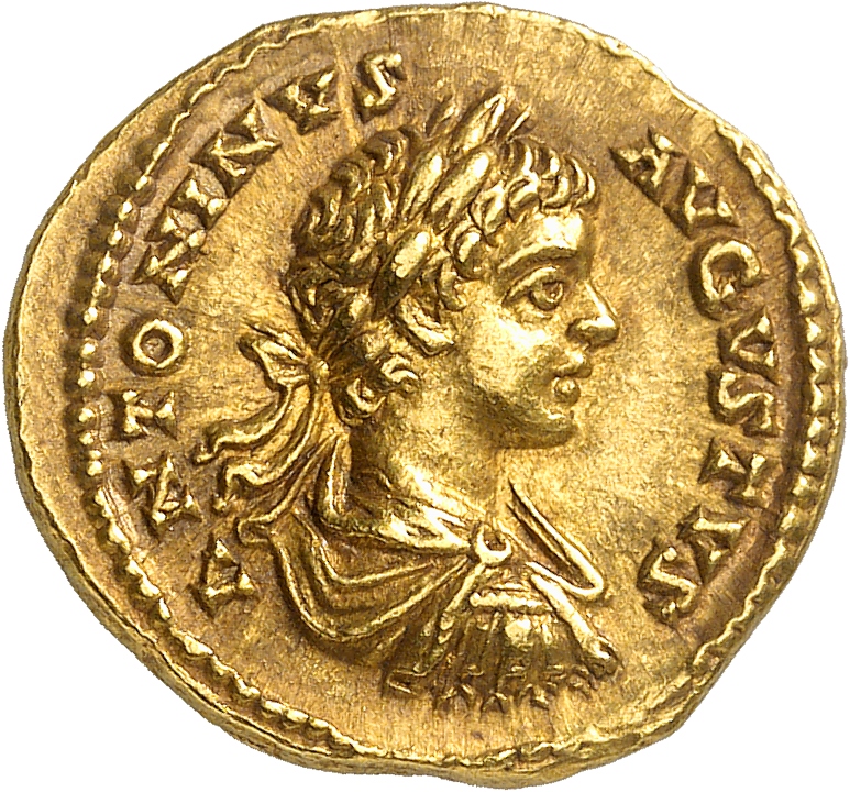 RIC IV Caracalla 55 (aureus) Caracalla obverse, Bust of Caracalla, laureate, draped, right, or bust of Caracalla, laureate...