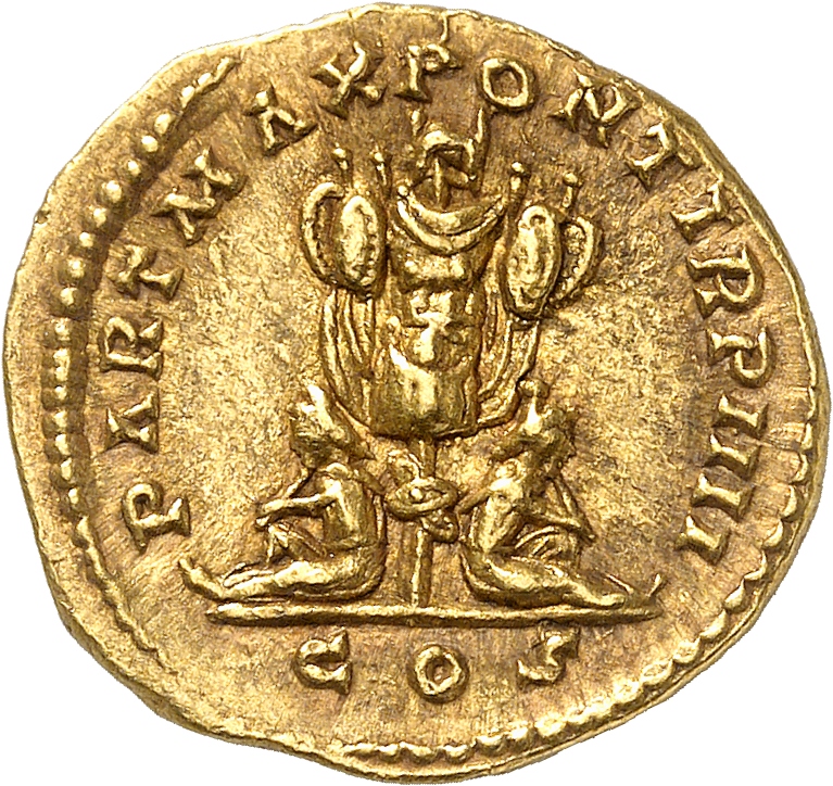 RIC IV Caracalla 55 (aureus) Caracalla reverse, Two captives, seated back to back, mourning, left and right of central trophy