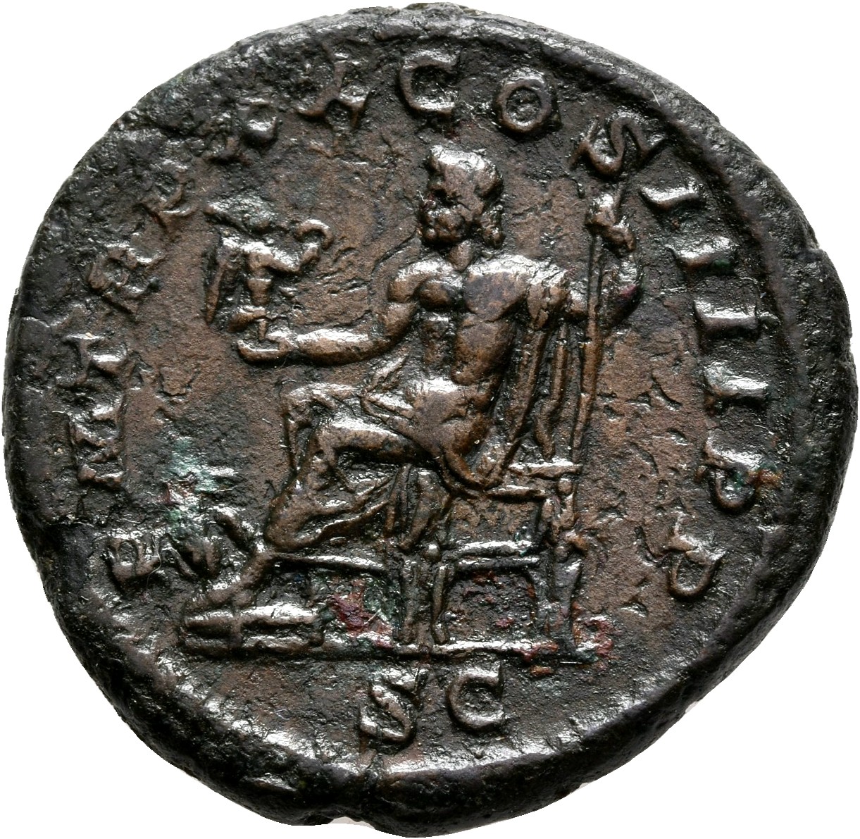 RIC IV Caracalla 568B Caracalla reverse, Jupiter, naked to waist, seated left, holding Victory in extended right hand and ...