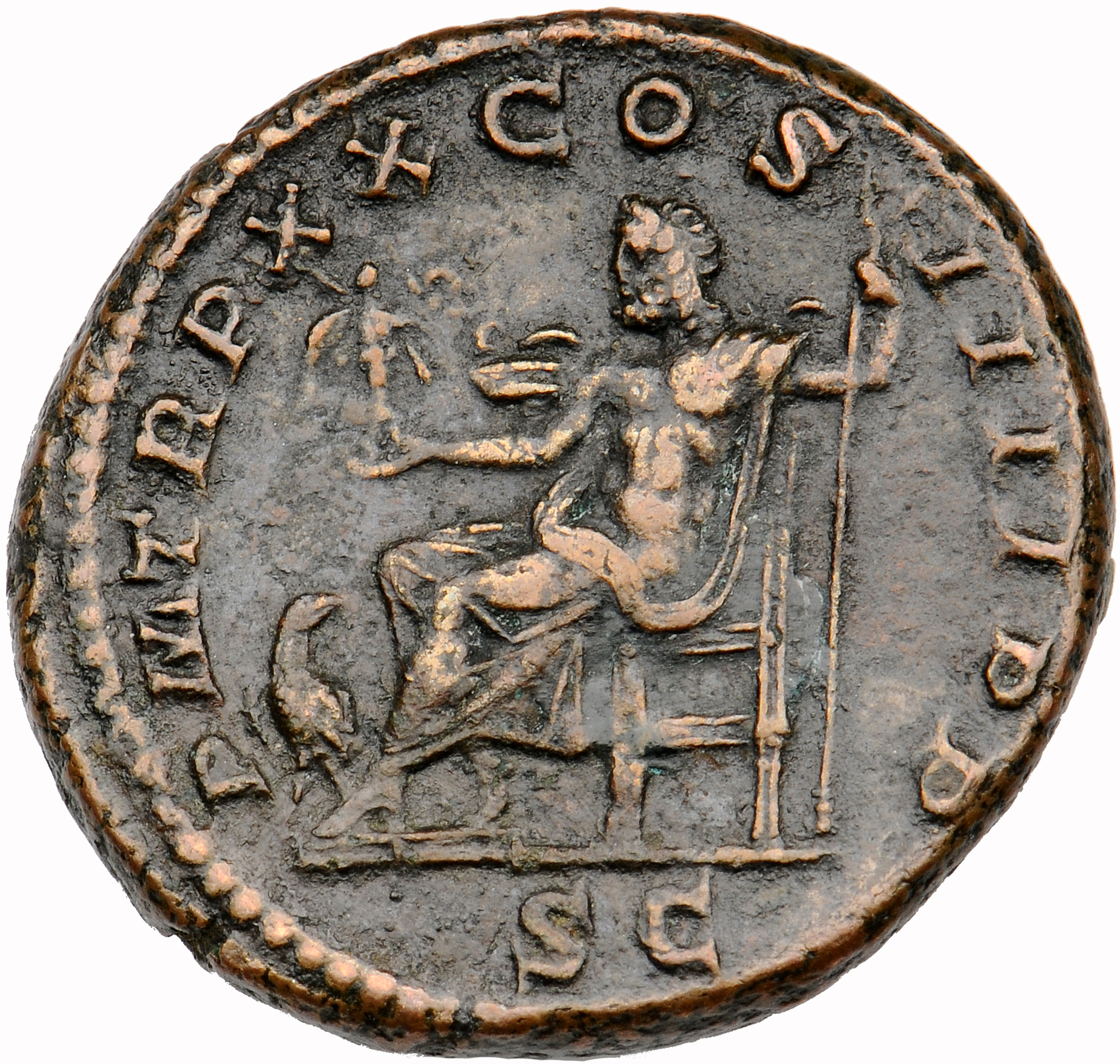 RIC IV Caracalla 568B Caracalla reverse, Jupiter, naked to waist, seated left, holding Victory in extended right hand and ...