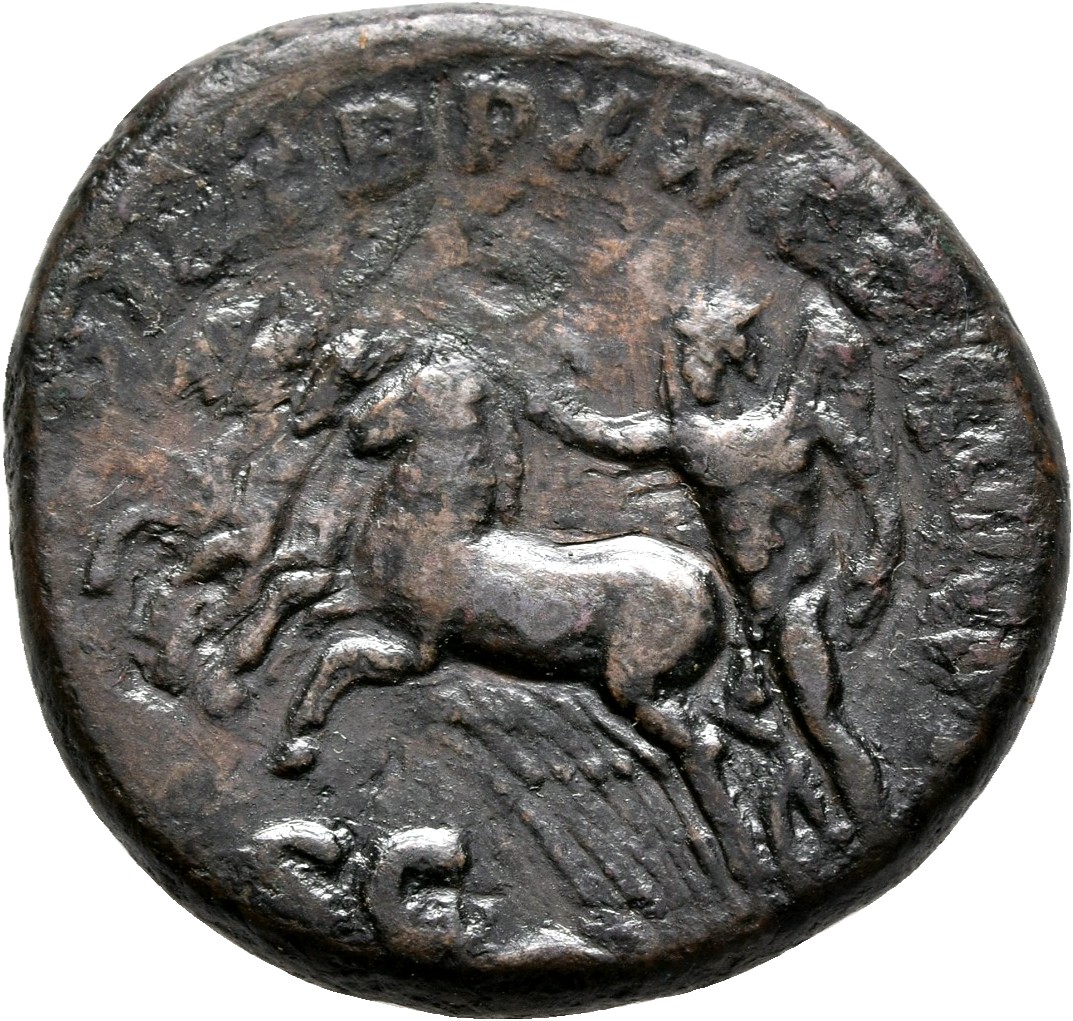 RIC IV Caracalla 570 Caracalla reverse, Sol, radiate, naked except for cloak, standing left, mounting quadriga
