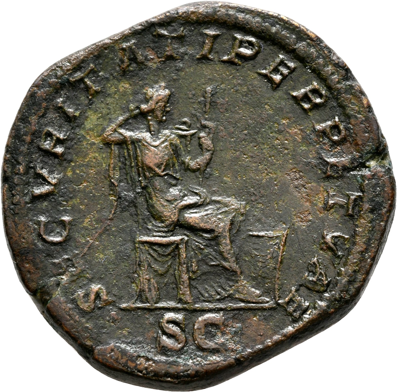 RIC IV Caracalla 573A Caracalla reverse, Securitas, draped, seated right on low seat, propping head on right hand and hold...