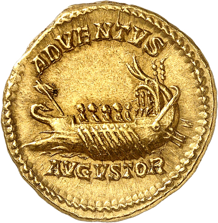 RIC IV Caracalla 58 Caracalla reverse, Galley, with captain, rowers, and emperor on deck, mast and sail, acrostolium and s...