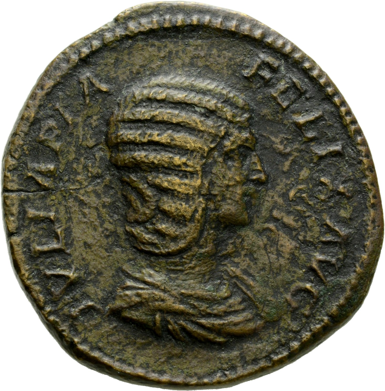 RIC IV Caracalla 585b Caracalla obverse, Bust of Julia Domna, hair elaborately waved in ridges and turned up low at the ba...