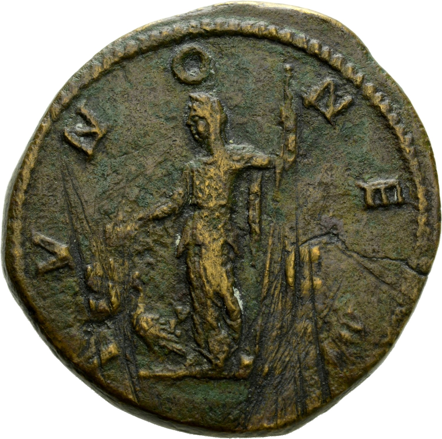 RIC IV Caracalla 585b Caracalla reverse, Juno, veiled, draped, standing left, holding patera in extended right hand and sc...