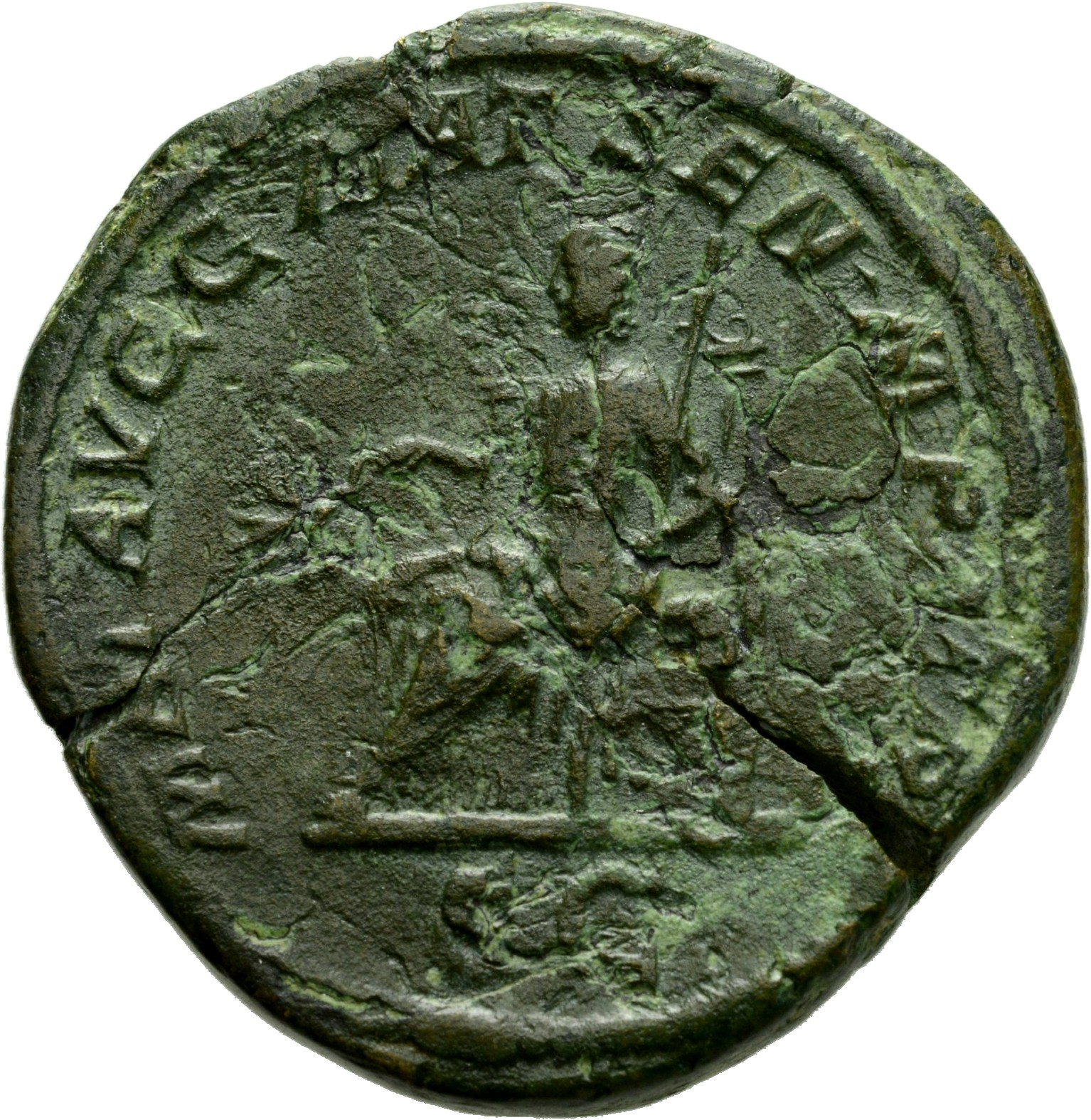 RIC IV Caracalla 588 Caracalla reverse, Julia Domna, draped, seated left on throne, holding branch in extended right hand ...