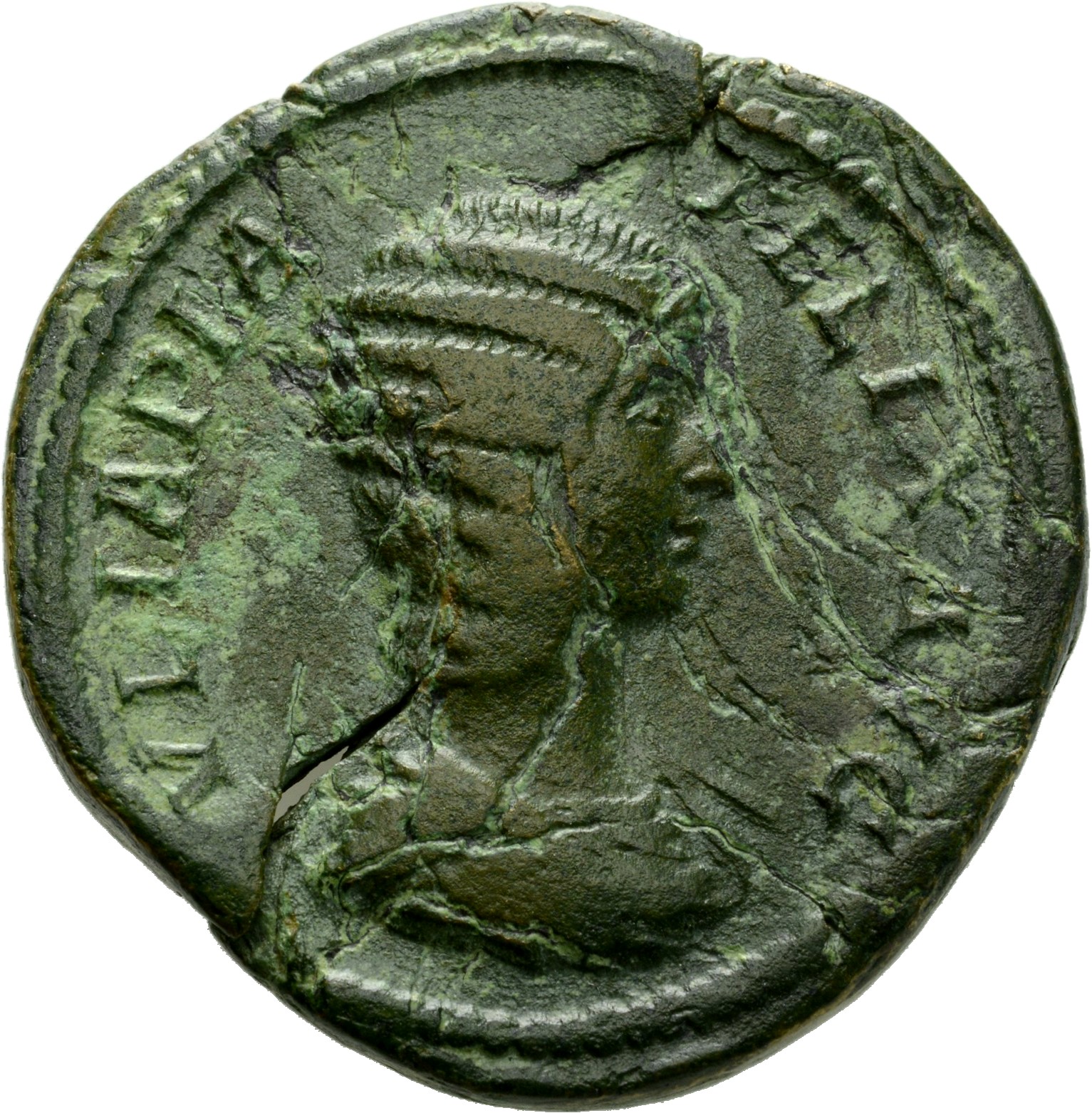 RIC IV Caracalla 588 Caracalla obverse, Bust of Julia Domna, hair elaborately waved in ridges and turned up low at the bac...