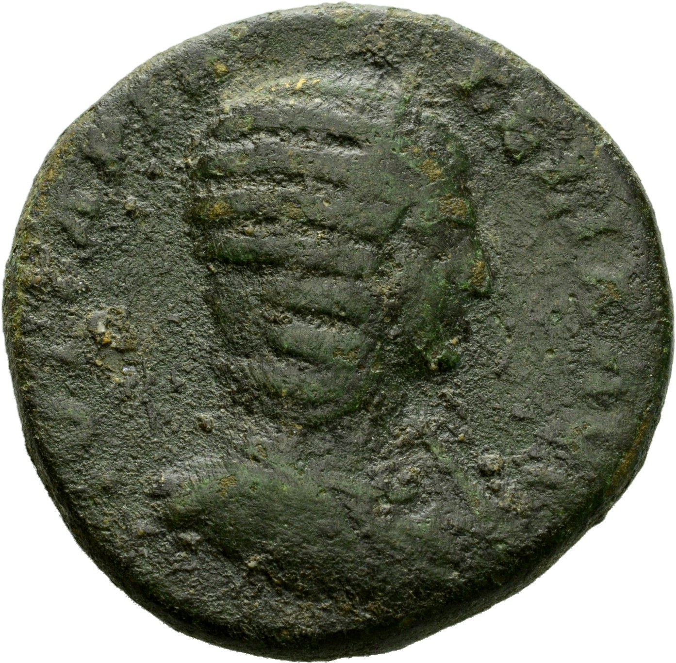 RIC IV Caracalla 590 Caracalla obverse, Bust of Julia Domna, hair elaborately waved in ridges and turned up low at the bac...