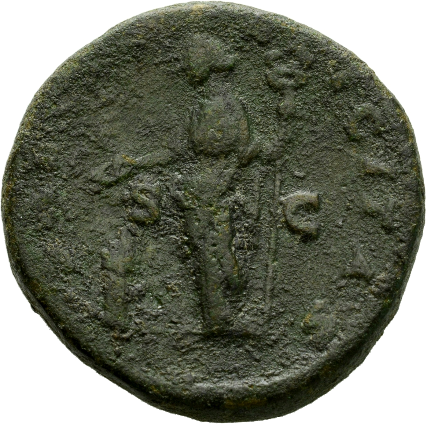RIC IV Caracalla 590 Caracalla reverse, Felicitas, draped, standing left, sacrificing out of patera in right hand over alt...