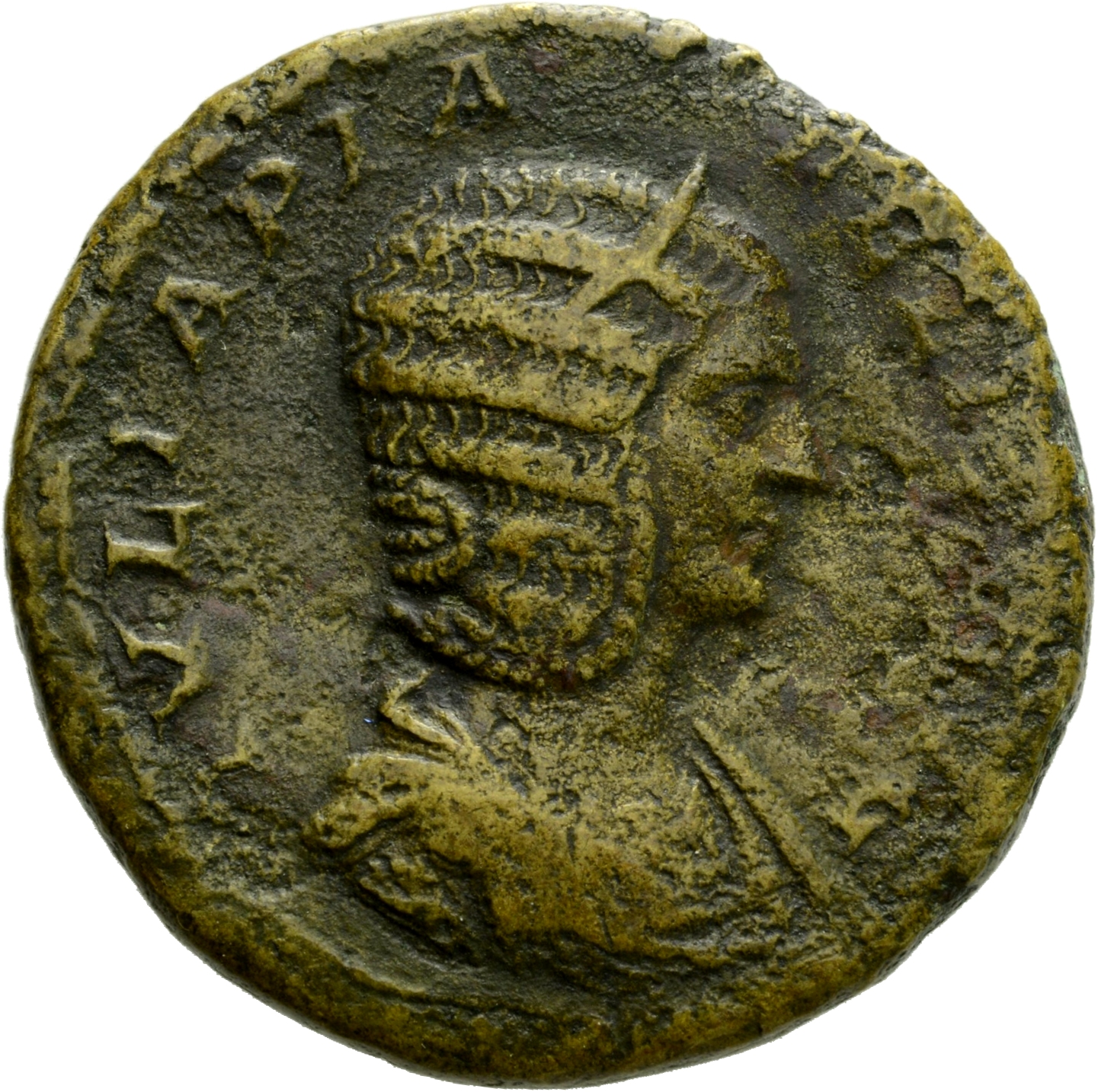 RIC IV Caracalla 593 Caracalla obverse, Bust of Julia Domna, hair elaborately waved in ridges and turned up low at the bac...