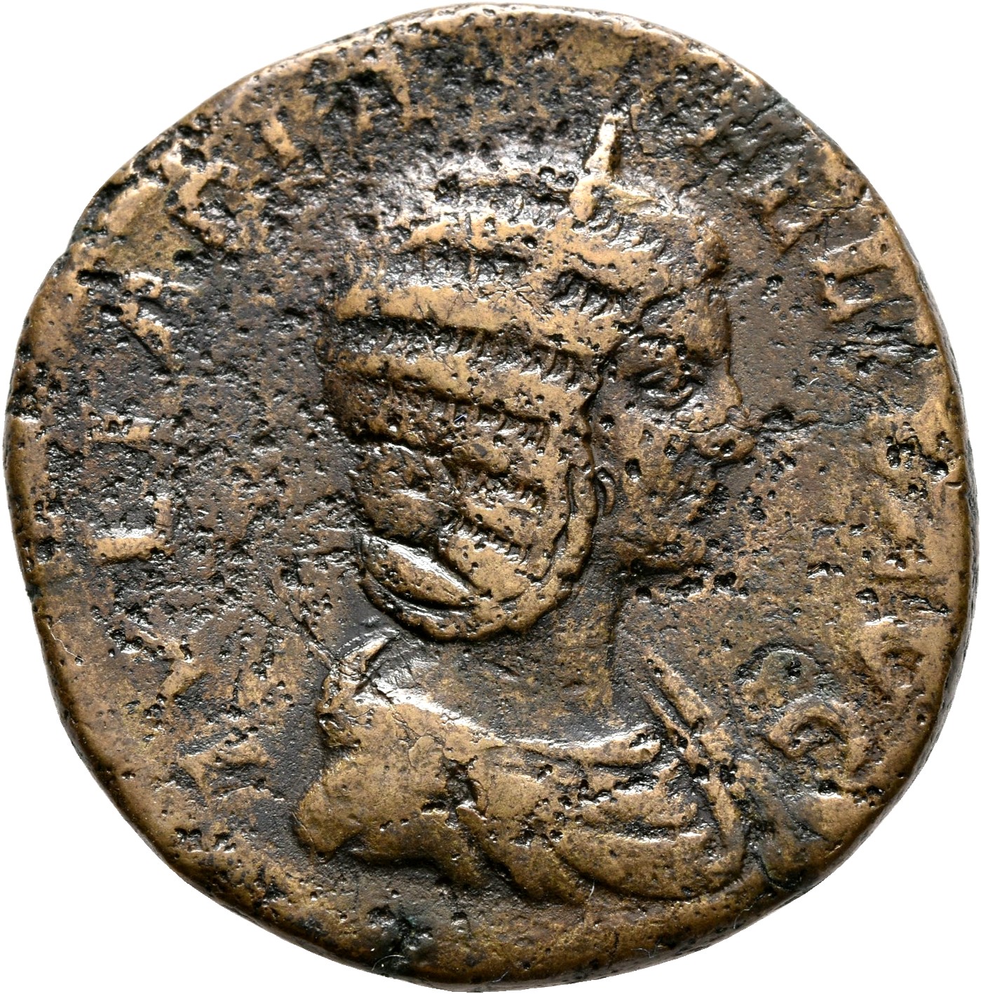 RIC IV Caracalla 593 Caracalla obverse, Bust of Julia Domna, hair elaborately waved in ridges and turned up low at the bac...