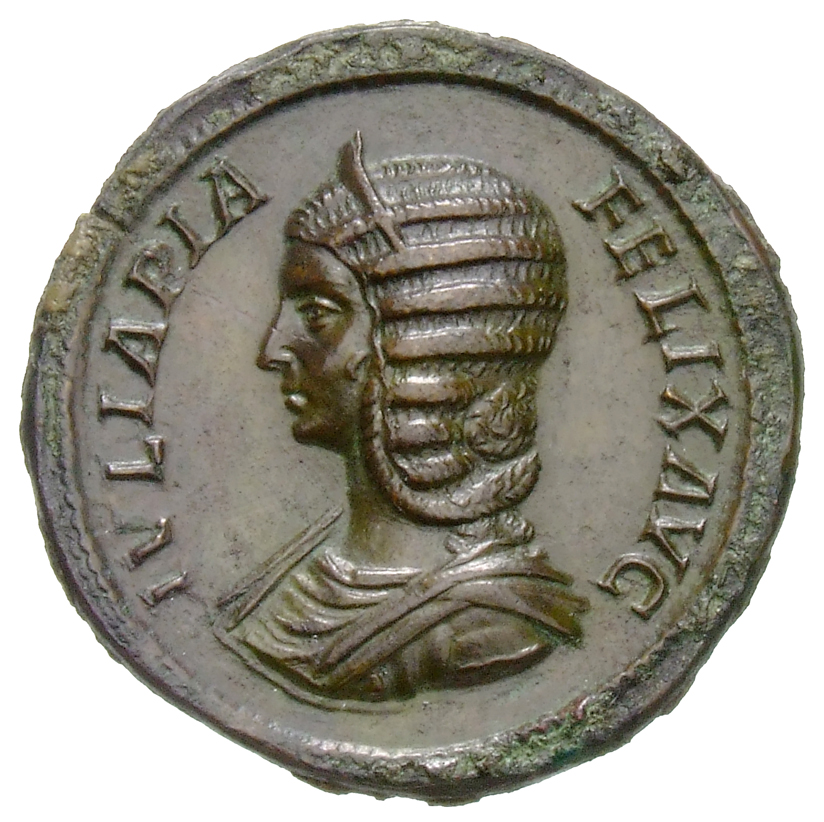 RIC IV Caracalla 594B Caracalla obverse, Bust of Julia Domna, hair elaborately waved in ridges and turned up low at the ba...