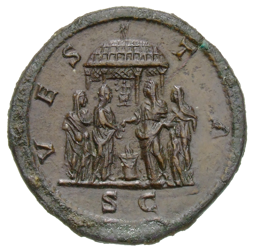 RIC IV Caracalla 594B Caracalla reverse, Four Vestals, accompanied by two children, sacrificing in front of round temple o...