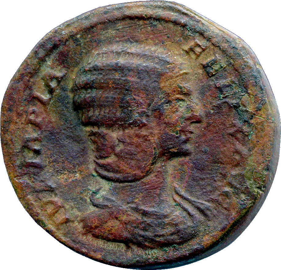 RIC IV Caracalla 598 (as) Caracalla obverse, Bust of Julia Domna, hair elaborately waved in ridges and turned up low at th...