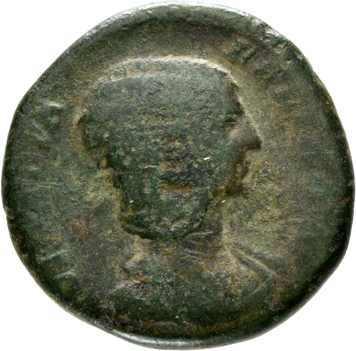 RIC IV Caracalla 598 (dupondius) Caracalla obverse, Bust of Julia Domna, hair elaborately waved in ridges and turned up lo...