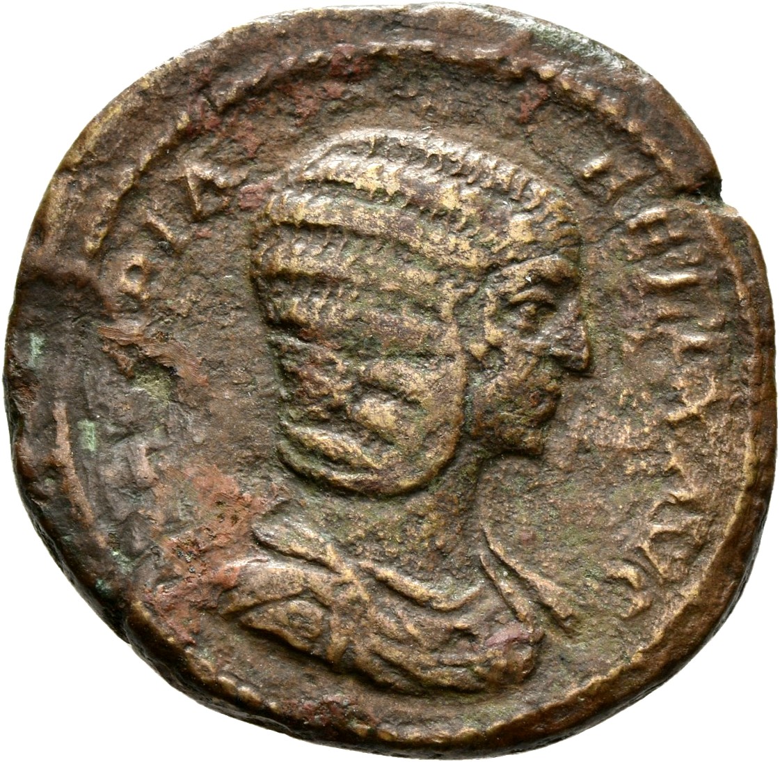 RIC IV Caracalla 599b (dupondius) Caracalla obverse, Bust of Julia Domna, hair elaborately waved in ridges and turned up l...