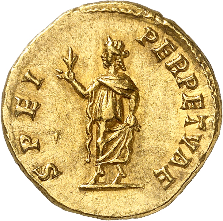 RIC IV Caracalla 5 (aureus) Caracalla reverse, Spes, draped, advancing left, holding flower upright in extended right hand...