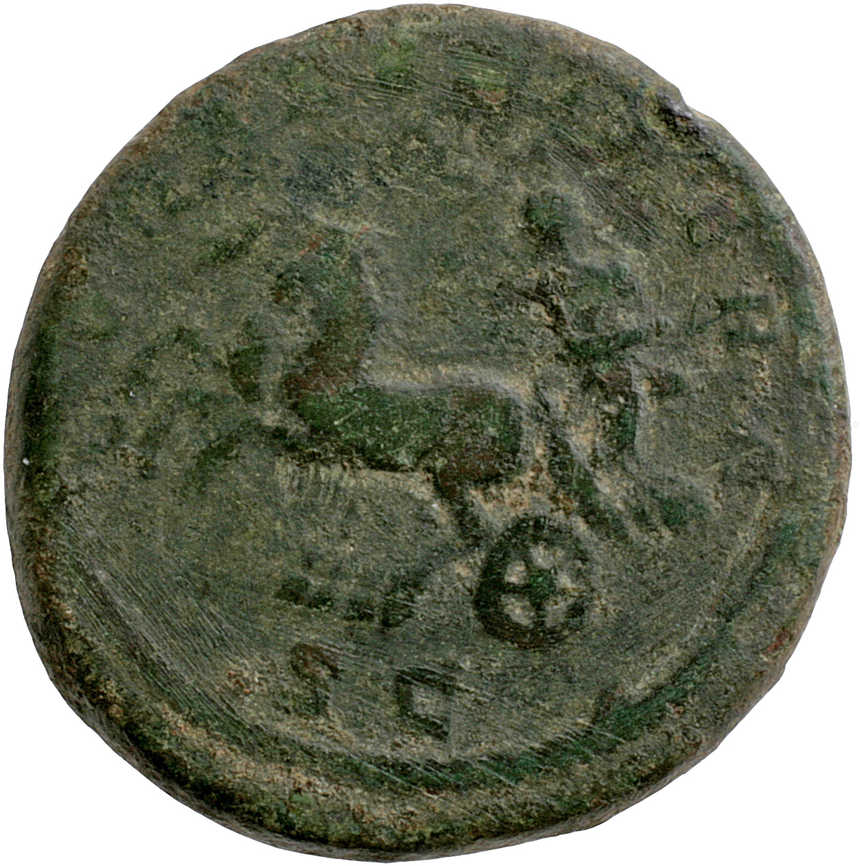 RIC IV Caracalla 600 (dupondius) Caracalla reverse, Diana, with crescent on brow, mantle flying behind her, draped, standi...