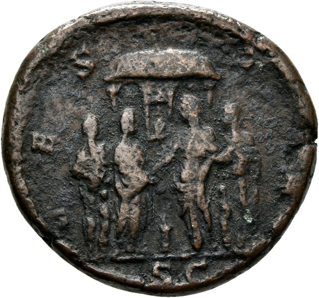 RIC IV Caracalla 607 (as) Caracalla reverse, Four Vestals sacrificing in front of round temple of Vesta