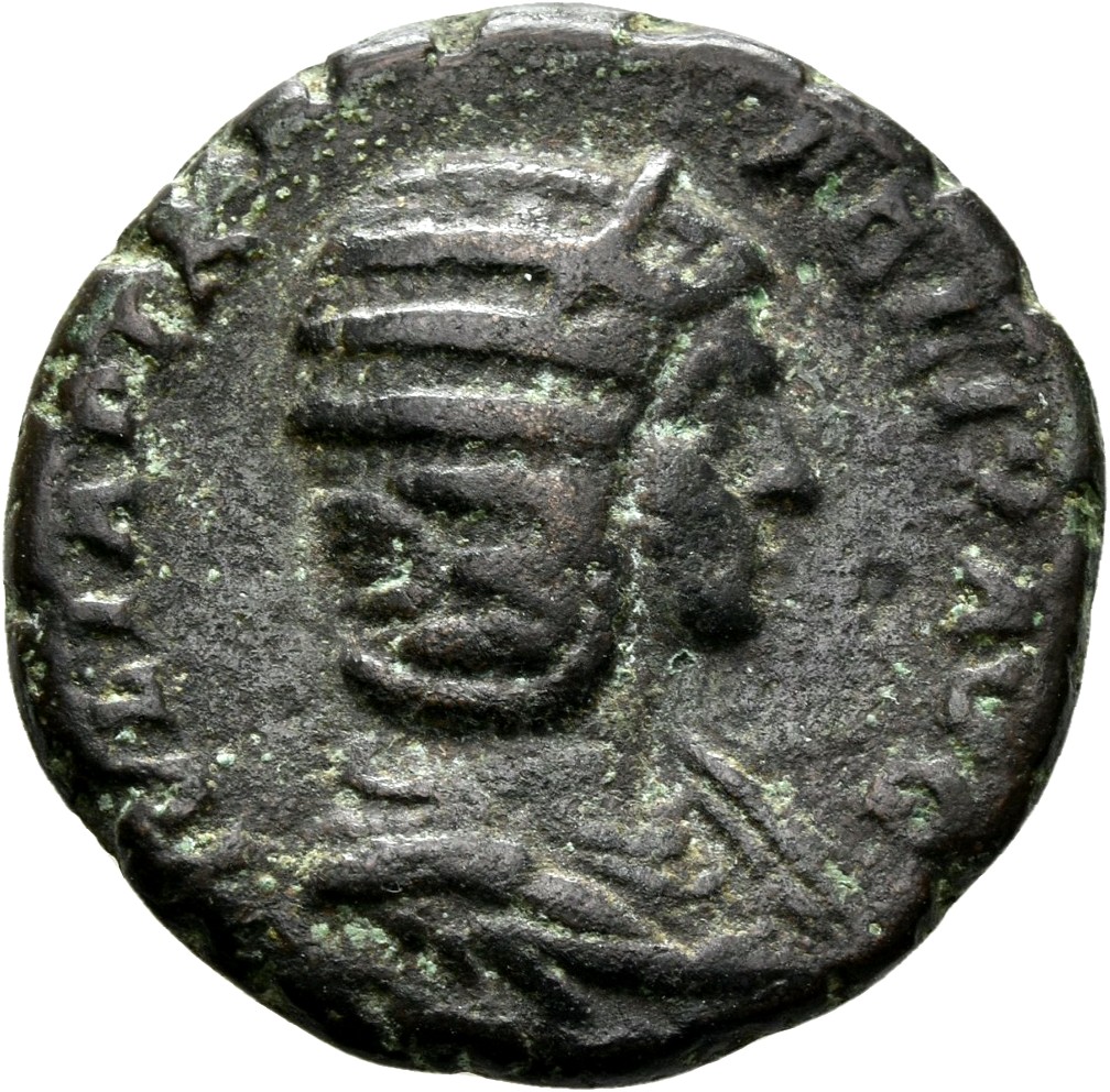 RIC IV Caracalla 607 (as) Caracalla obverse, Bust of Julia Domna, hair elaborately waved in ridges and turned up low at th...