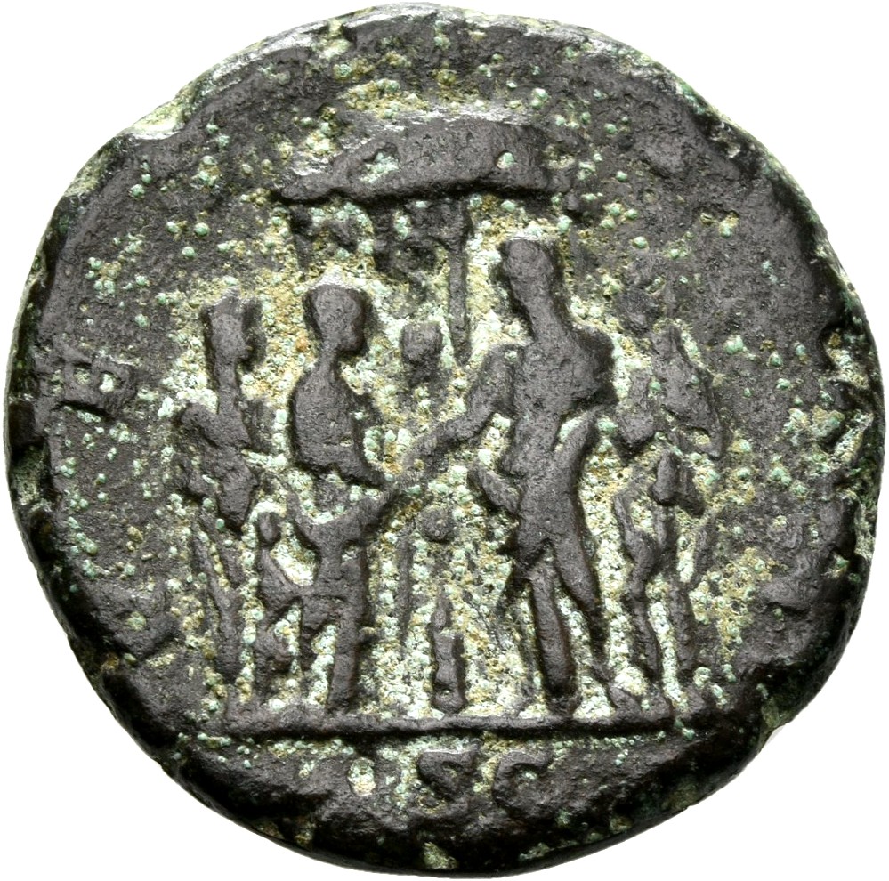 RIC IV Caracalla 607 (as) Caracalla reverse, Four Vestals sacrificing in front of round temple of Vesta