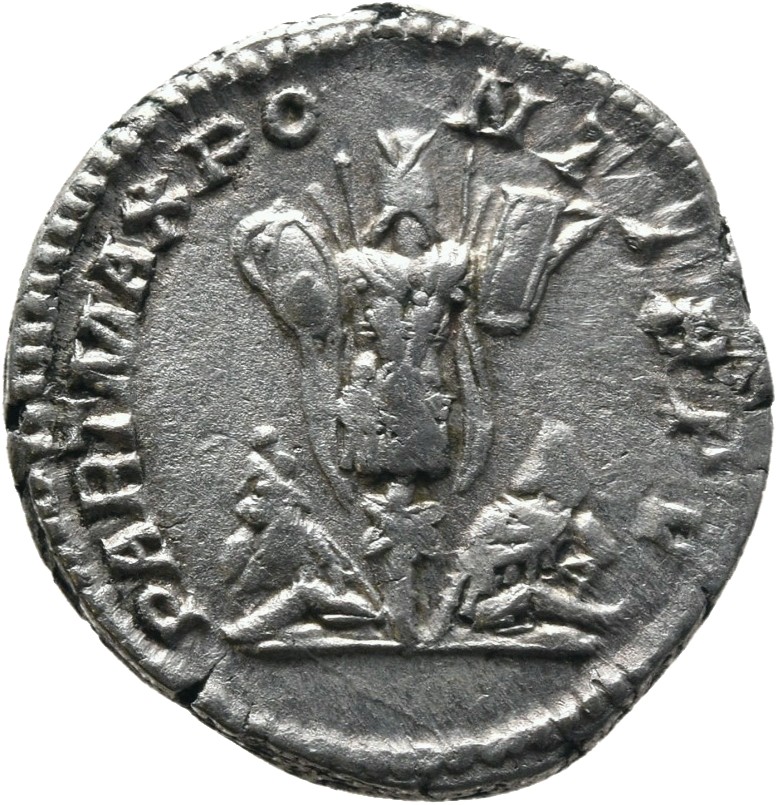 RIC IV Caracalla 63 Caracalla reverse, Two captives, seated back to back, mourning, left and right of central trophy