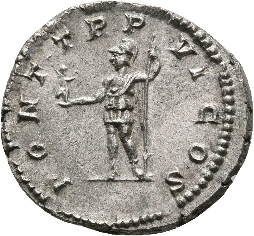 RIC IV Caracalla 69 Caracalla reverse, Roma, helmeted, draped, standing left, holding Victory in extended right hand and s...