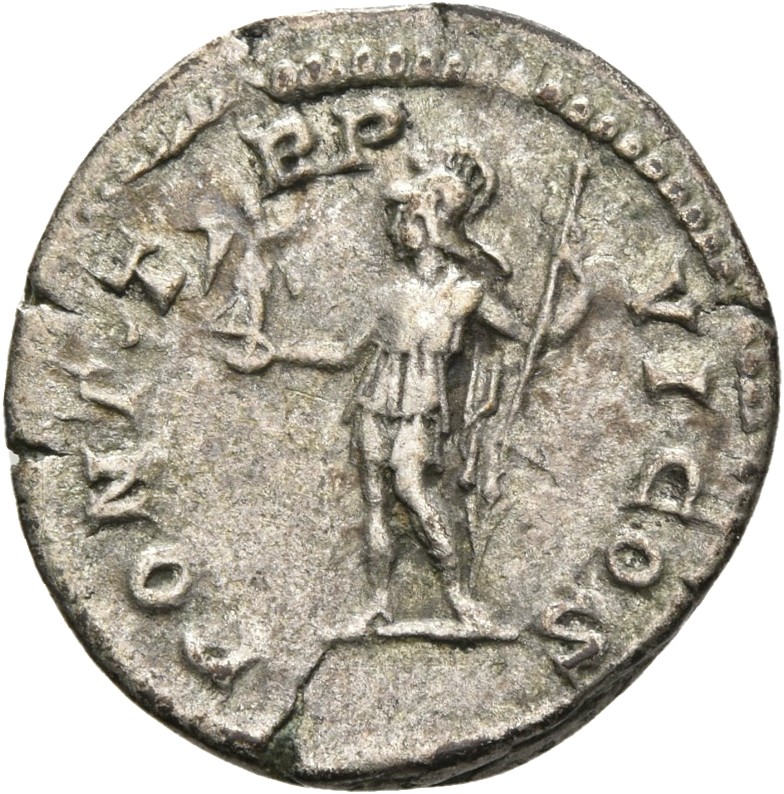 RIC IV Caracalla 69 Caracalla reverse, Roma, helmeted, draped, standing left, holding Victory in extended right hand and s...