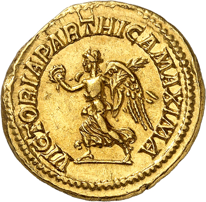 RIC IV Caracalla 79 Caracalla reverse, Victory, winged, draped, advancing left, holding wreath in extended right hand and ...