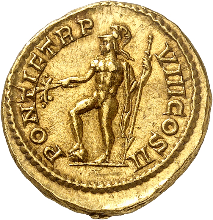 RIC IV Caracalla 80B (aureus) Caracalla reverse, Mars, helmeted, naked except for cloak on left shoulder, standing left, r...
