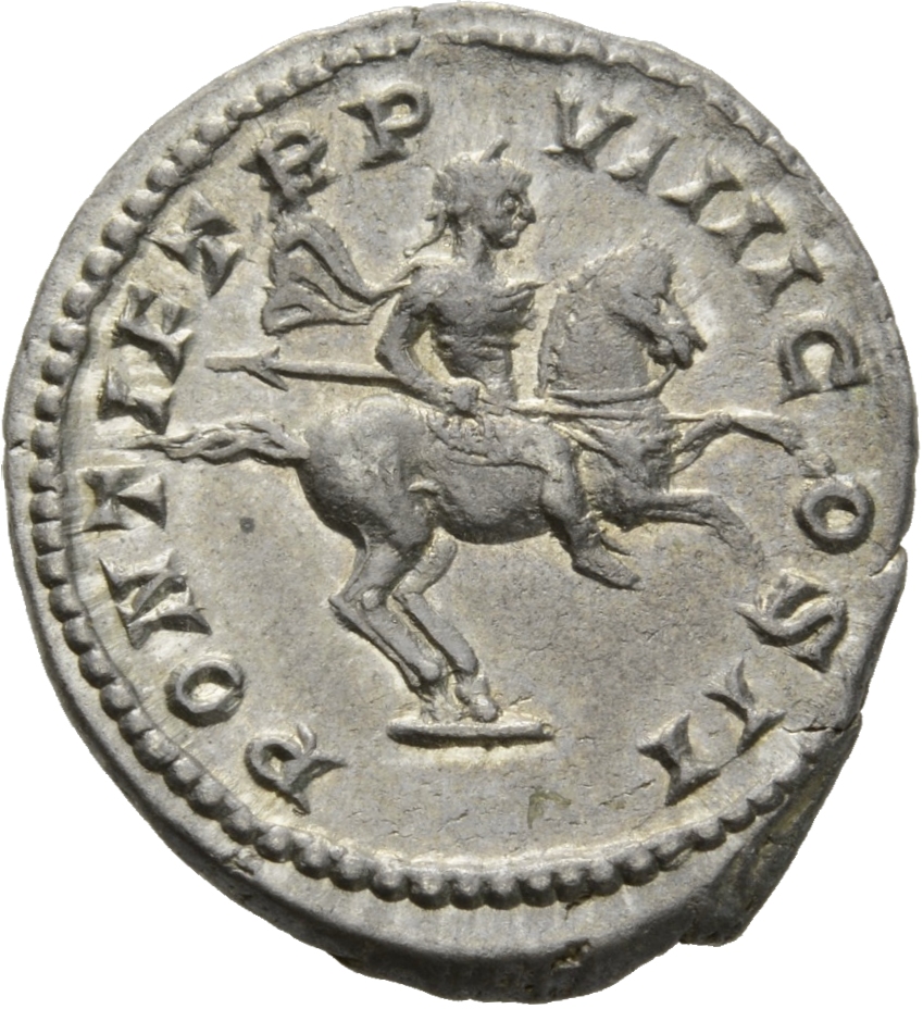 RIC IV Caracalla 84 (denarius) Caracalla reverse, Caracalla, in military attire, on horse galloping right, holding raised ...
