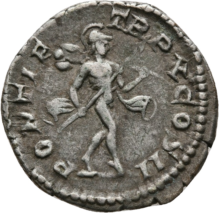 RIC IV Caracalla 88 Caracalla reverse, Mars, helmeted, naked except for cloak tied round waist, advancing right, holding t...