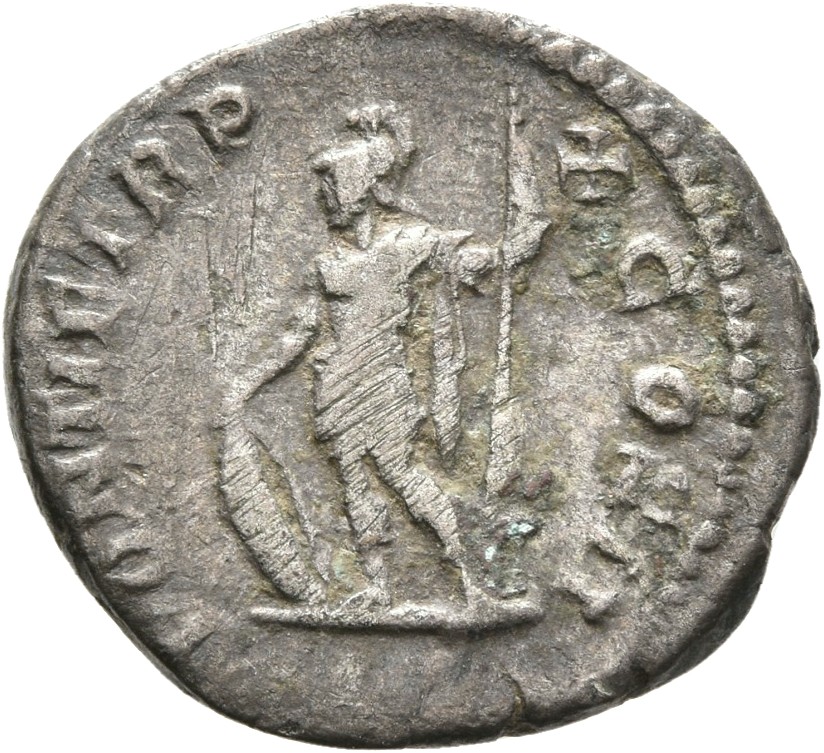 RIC IV Caracalla 89 Caracalla reverse, Mars, helmeted, in military attire, standing left, resting right hand on shield and...