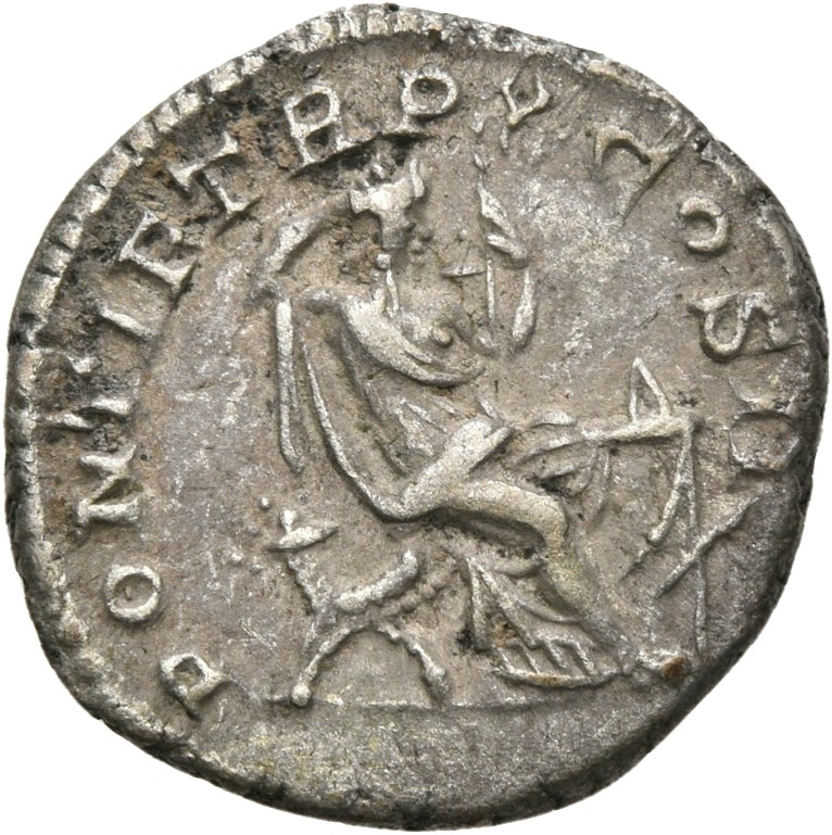 RIC IV Caracalla 92 Caracalla reverse, Securitas, draped, seated right on low seat, propping head on right hand and holdin...