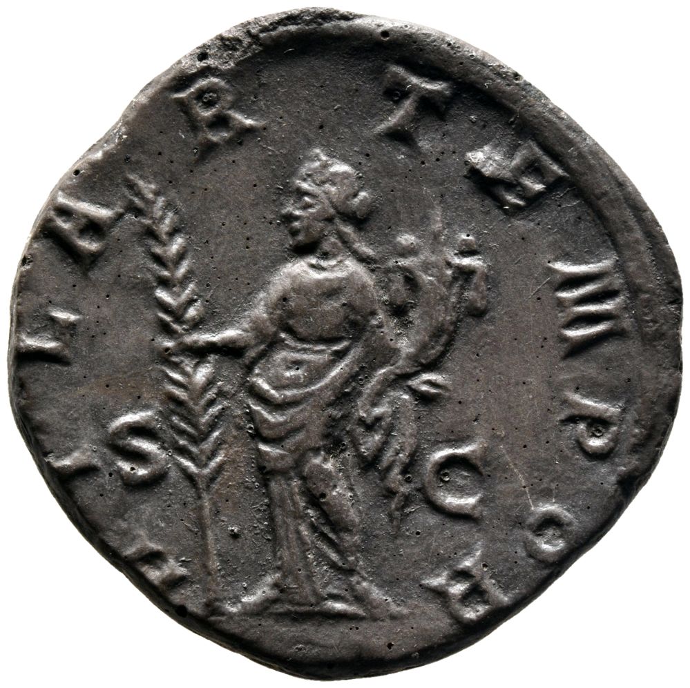 RIC IV Didius Julianus 20 Didius Julianus reverse — Hilaritas, draped, standing left, holding a long palm in right hand an...