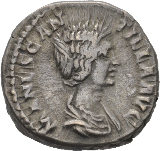 RIC IV Didius Julianus 7A Didius Julianus obverse — Bust of Manlia Scantilla, hair elaborately waved and coiled on back of...