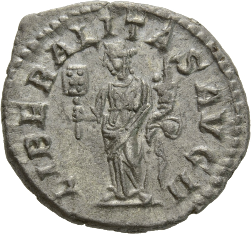 RIC IV Elagabalus 101 Elagabalus reverse, Liberalitas, draped, standing left, holding abacus in right hand and cornucopiae...