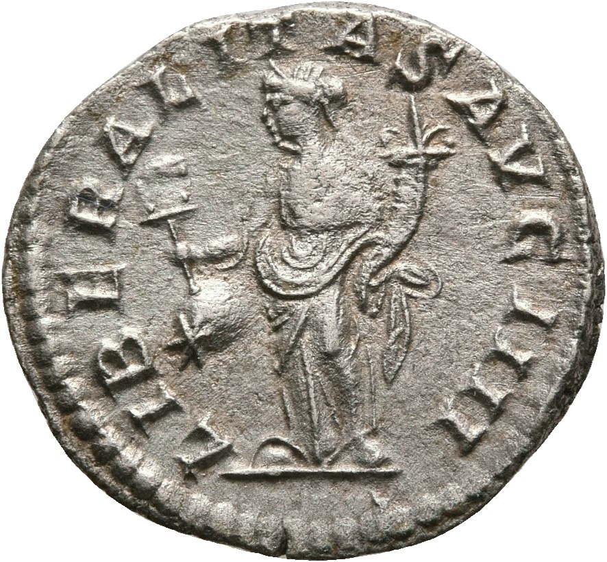 RIC IV Elagabalus 104 Elagabalus reverse, Liberalitas, draped, standing left, holding abacus in right hand and cornucopiae...