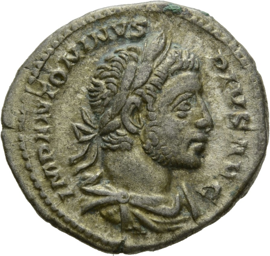 RIC IV Elagabalus 111 Elagabalus obverse, Bust of Elagabalus, laureate, bearded, draped, right