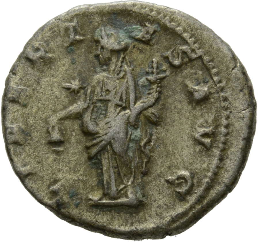RIC IV Elagabalus 111 Elagabalus reverse, Libertas, draped, standing left, holding pileus in extended right hand and cornu...
