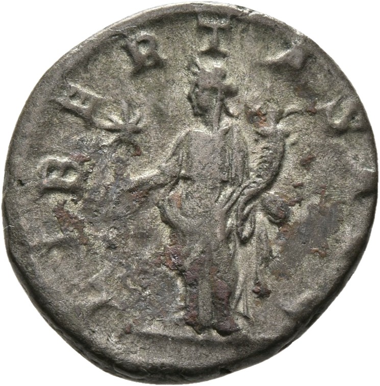 RIC IV Elagabalus 112 Elagabalus reverse — Libertas, draped, standing left, holding pileus in extended right hand and corn...