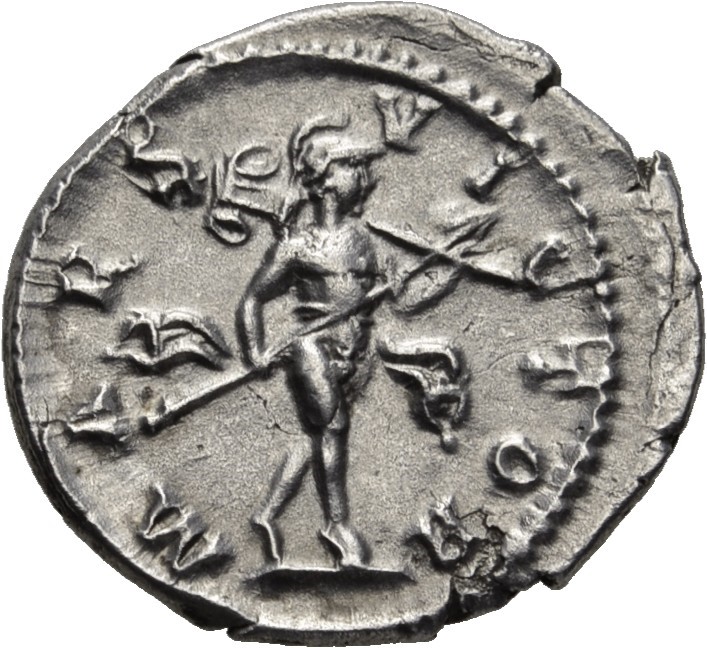 RIC IV Elagabalus 120e Elagabalus reverse, Mars, helmeted, naked except for flowing cloak, advancing right, holding transv...