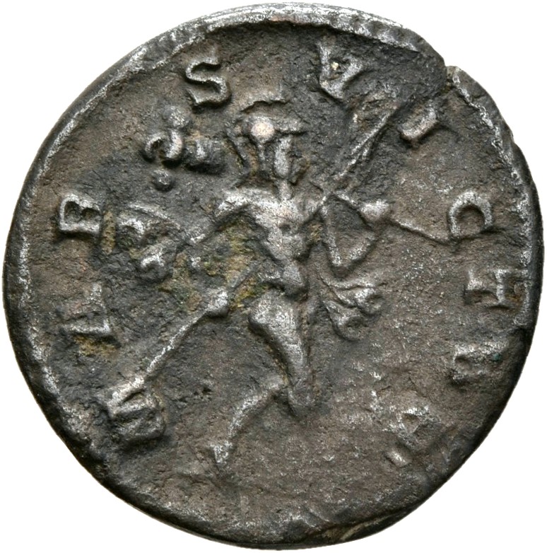 RIC IV Elagabalus 121b Elagabalus reverse, Mars, helmeted, naked except for flowing cloak, advancing right, holding transv...